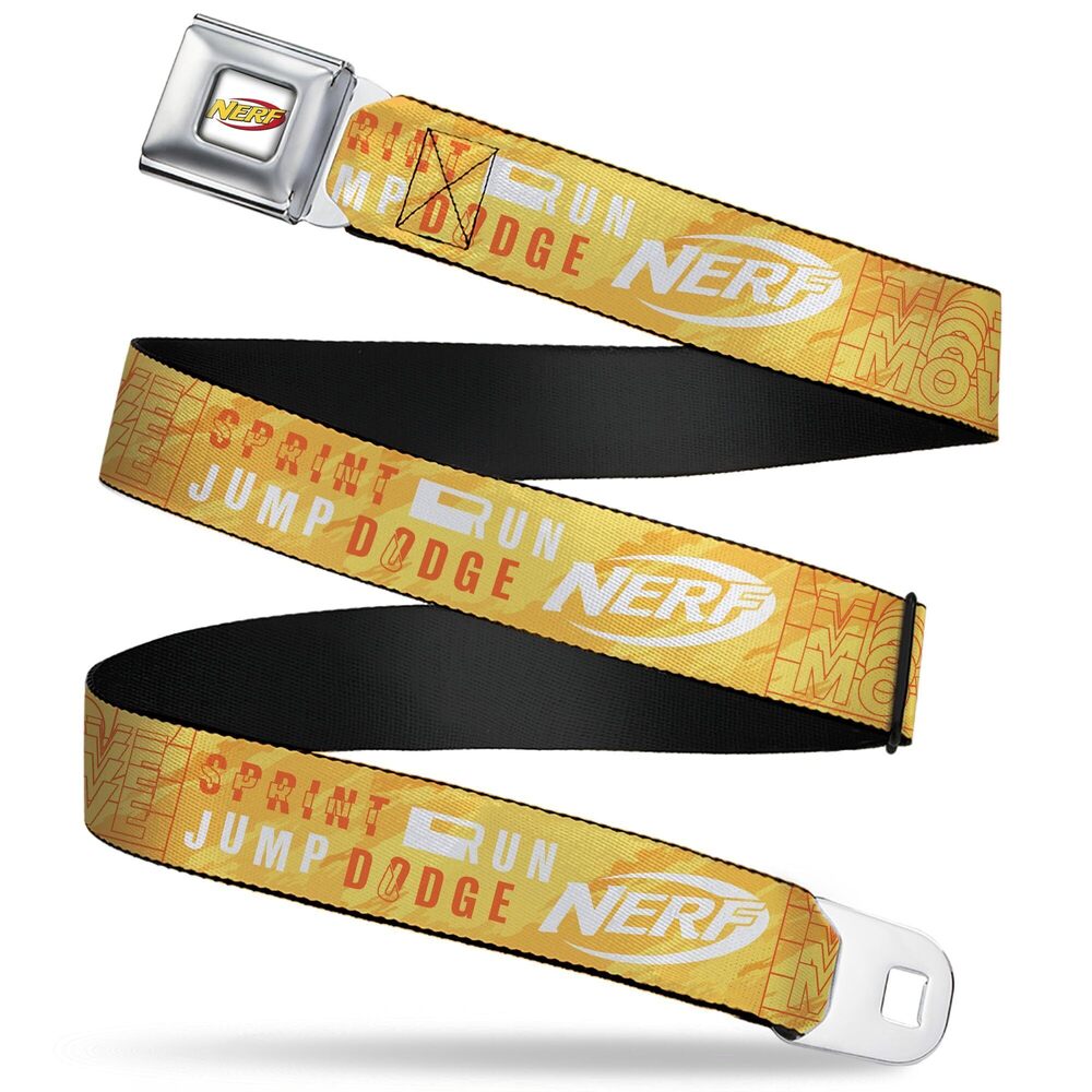 6249 Nerf Belt, Seatbelt Buckle Belt, Nerf Action Verbiage Collage Yellows